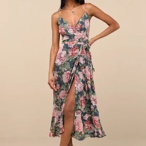 Delightfully Divine Navy Blue Floral Chiffon Wrap Midi Dress